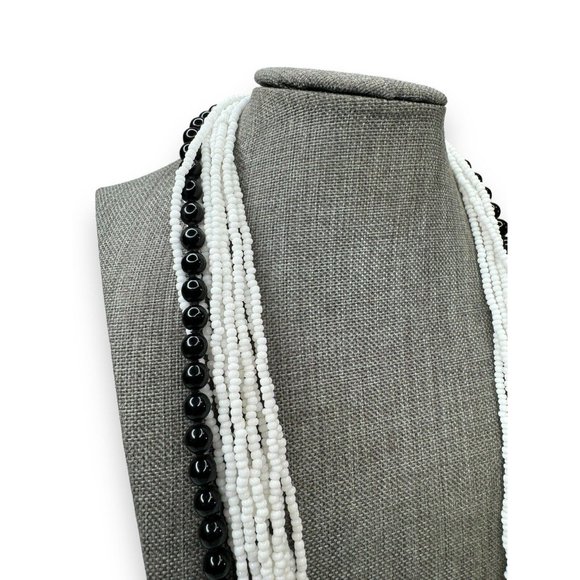 Vintage Bohemian Glass Black And White Multi Strand Necklace 25” Spring Ring - Picture 4 of 6